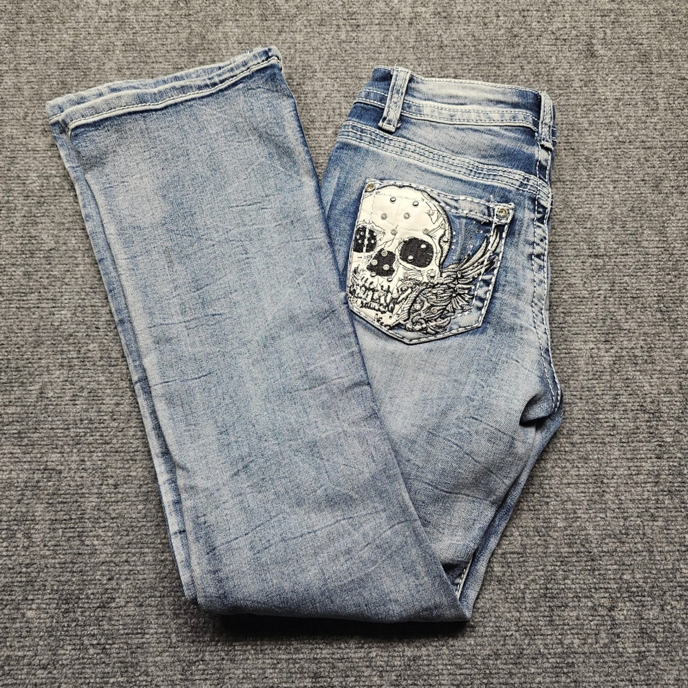 Telepatia Womens Y2K Skull Wing Rhinestone Bootcut Jeans Light Wash Size 28